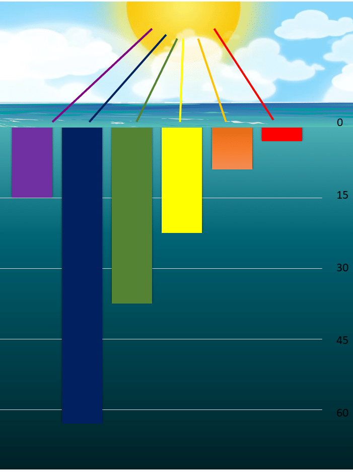 Perda do comprimento de cores conforme a profundidade esquematizada por Bate-Papo com Netuno.