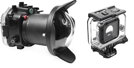 (à esquerda) Caixa estanque Seafrogs SeaFrogs A7R IV com porta cúpula removível - (à direita) Caixa estanque para GoPro 5/6/7.